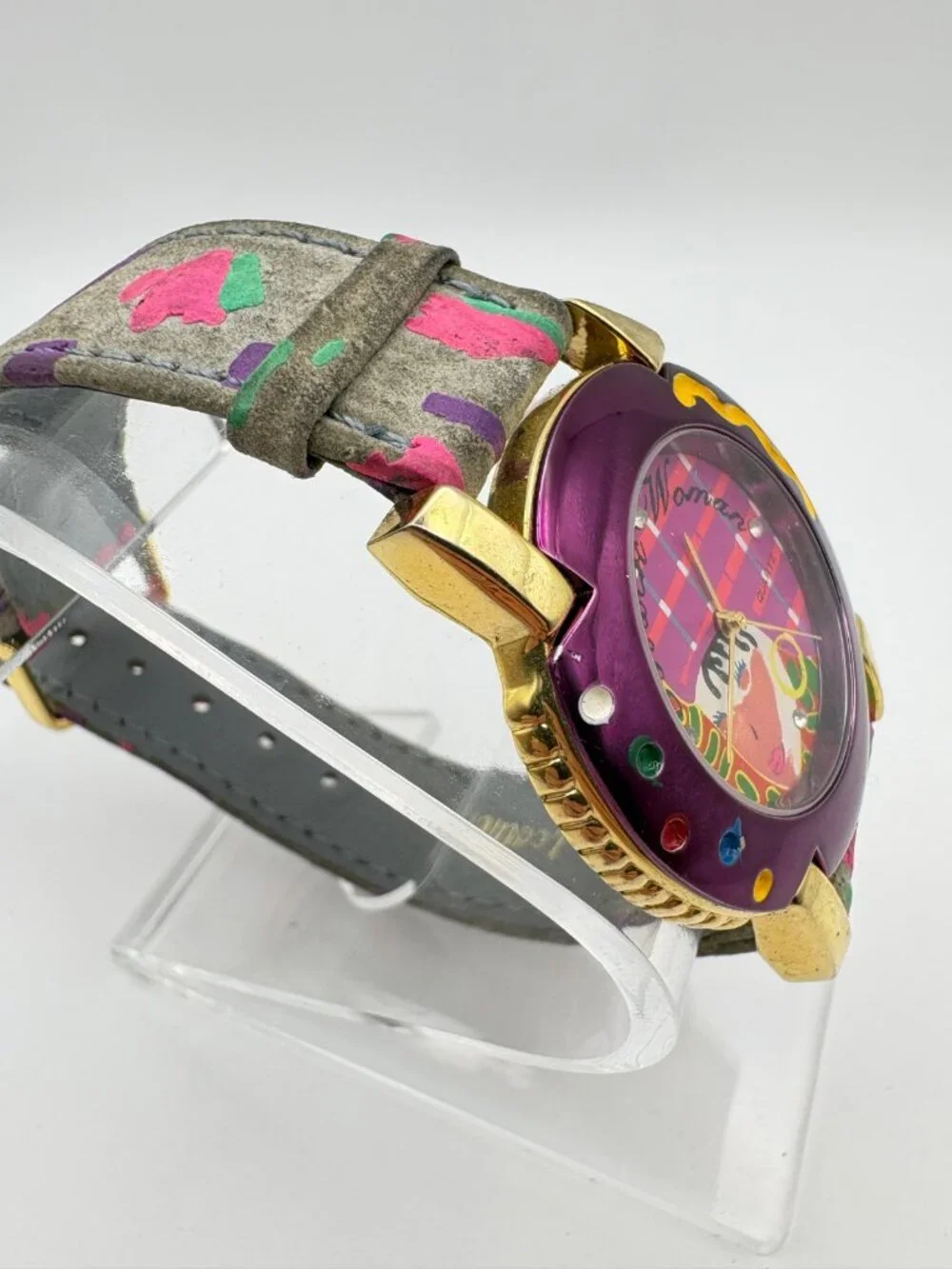 Vintage Black Woman Pop Art Quartz Watch Purple Gold Tone Memphis Style Leather